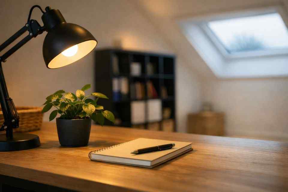 Detail van praktijkruimte – verpleegkundige slaapbegeleiding bij slapeloosheid Detail van bureau met lamp, plant en notitieboek in rustige praktijkruimte voor slaapbegeleiding.