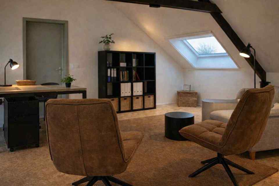 Rustige praktijkruimte – verpleegkundige slaapbegeleiding voor volwassenen in Essen Rustige praktijkruimte met twee stoelen en bureau onder een dakraam, gezien vanuit de zithoek.