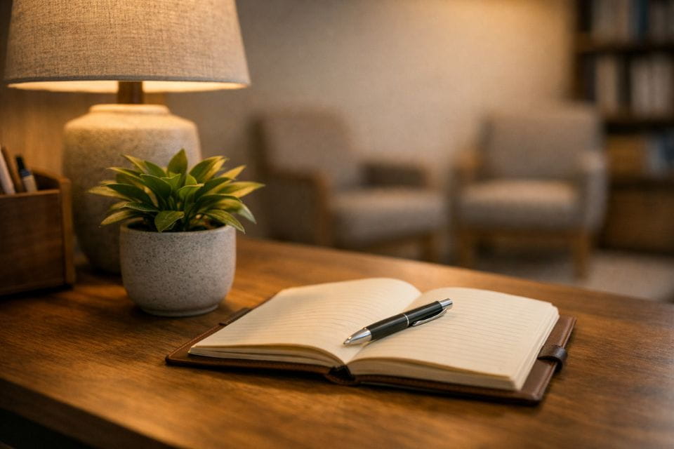Rustig stilstaan bij slaap, stress en herstel in een veilige omgeving Notitieboekje in praktijkruimte voor begeleiding bij stress en slaapproblemen