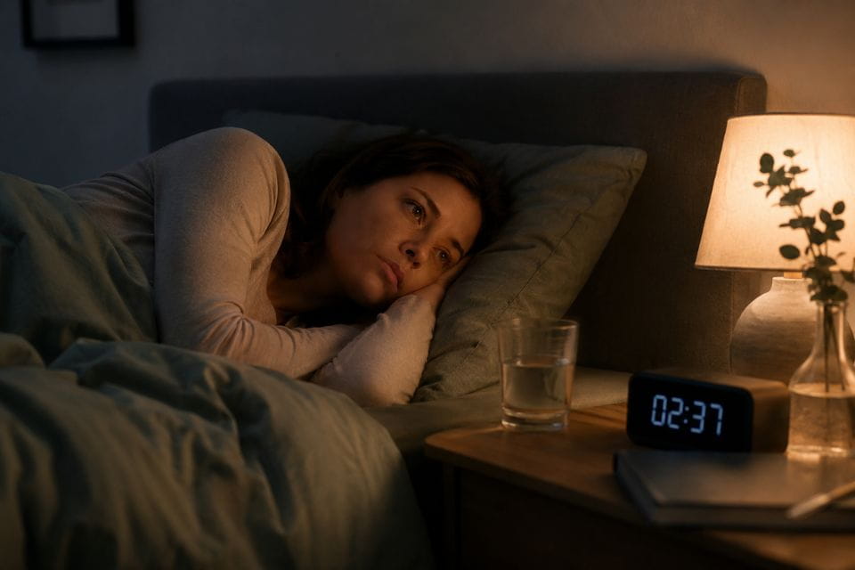 Vrouw ligt wakker in bed in een donkere slaapkamer door slaapproblemen en piekeren