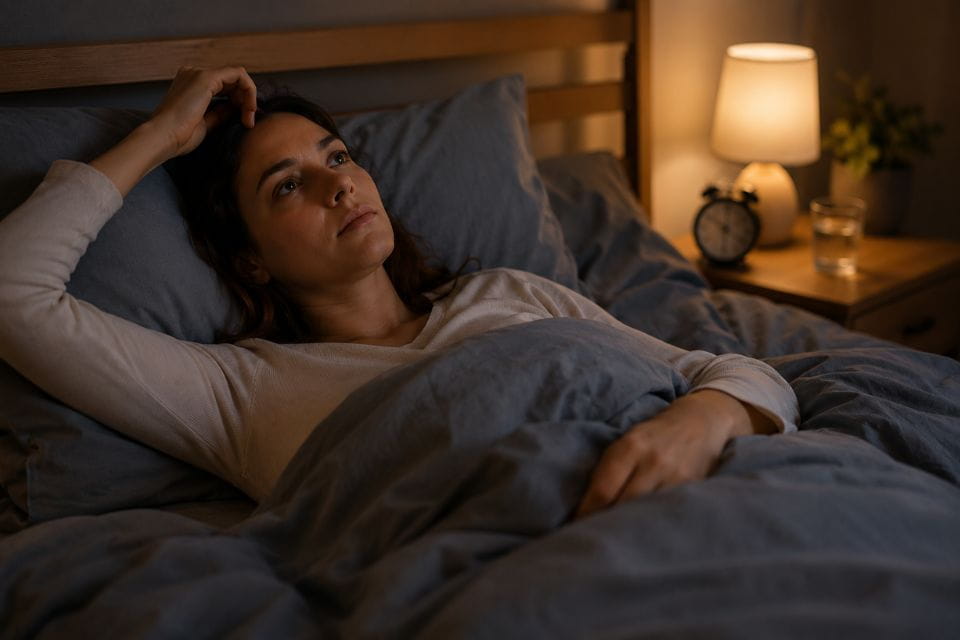 Vrouw ligt wakker in bed door piekeren en slapeloosheid, in een warme avondsetting