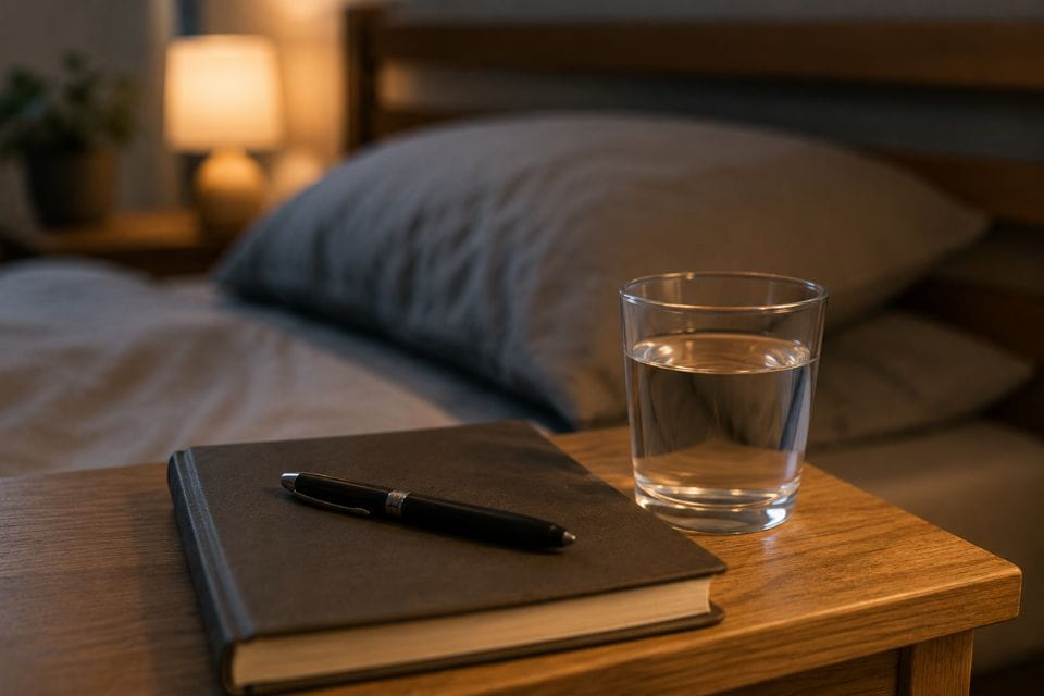 Glas water op nachtkastje naast bed in warme avondsetting, symbool voor rust en slaaproutine.