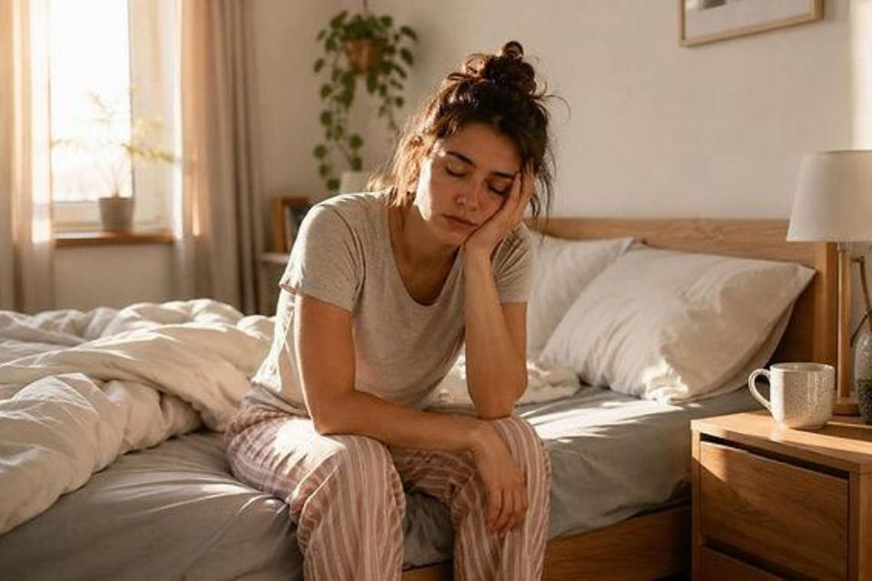 Moe zijn door slecht slapen Vrouw die overdag moe is door slecht slapen