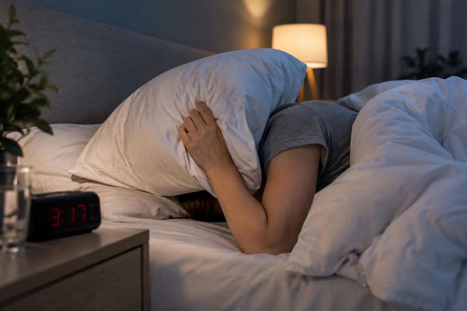 Persoon in bed met een kussen over het hoofd door frustratie over het wakker liggen